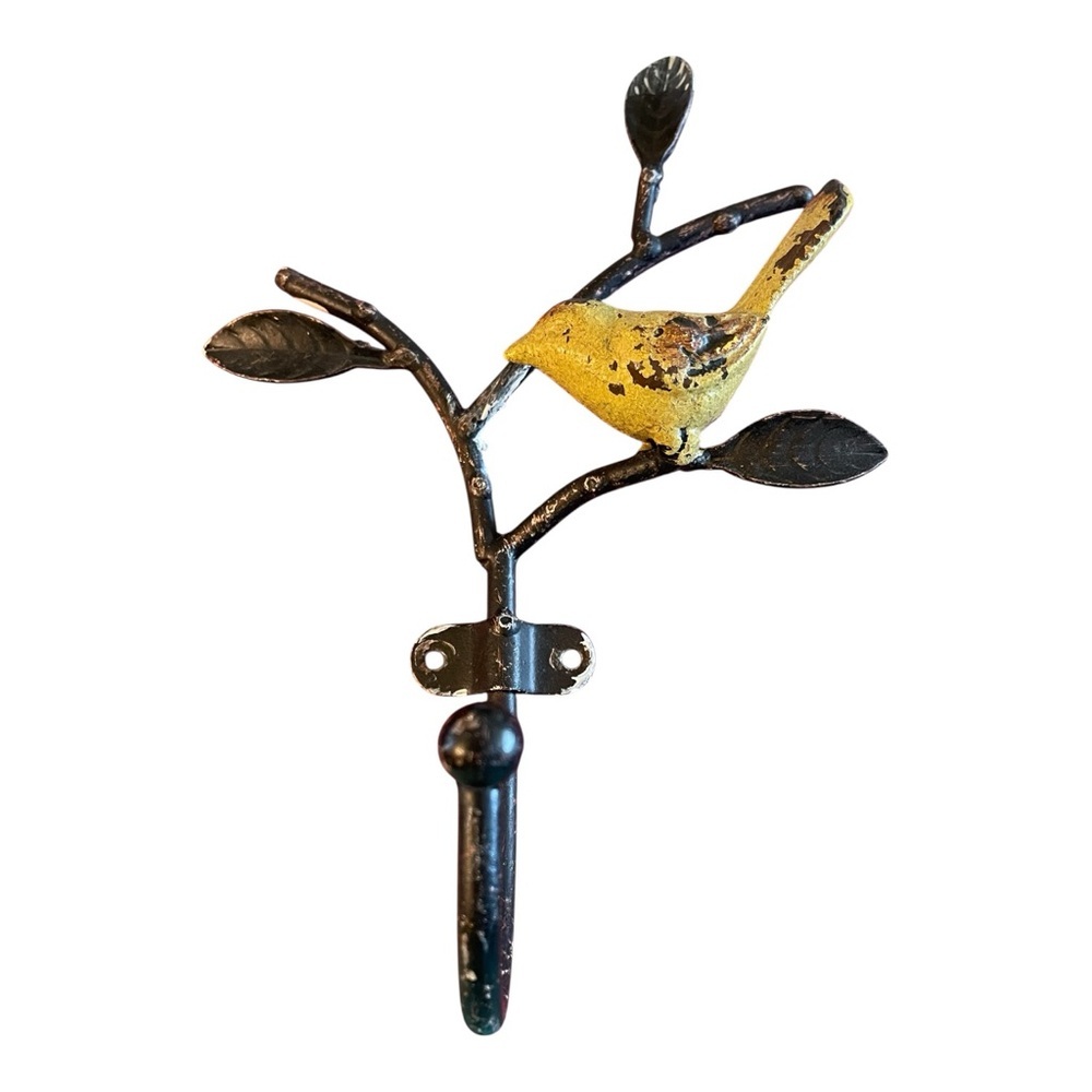 Distressed Metal Small Yellow Bird on Branch Wall Hook for Hanging Towel, etc.